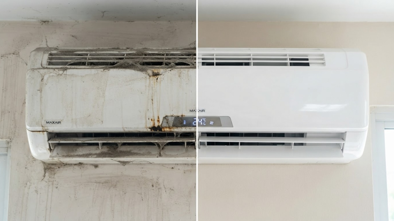Klima iç ünite temizliği öncesi ve sonrası – Clean Up Kıbrıs