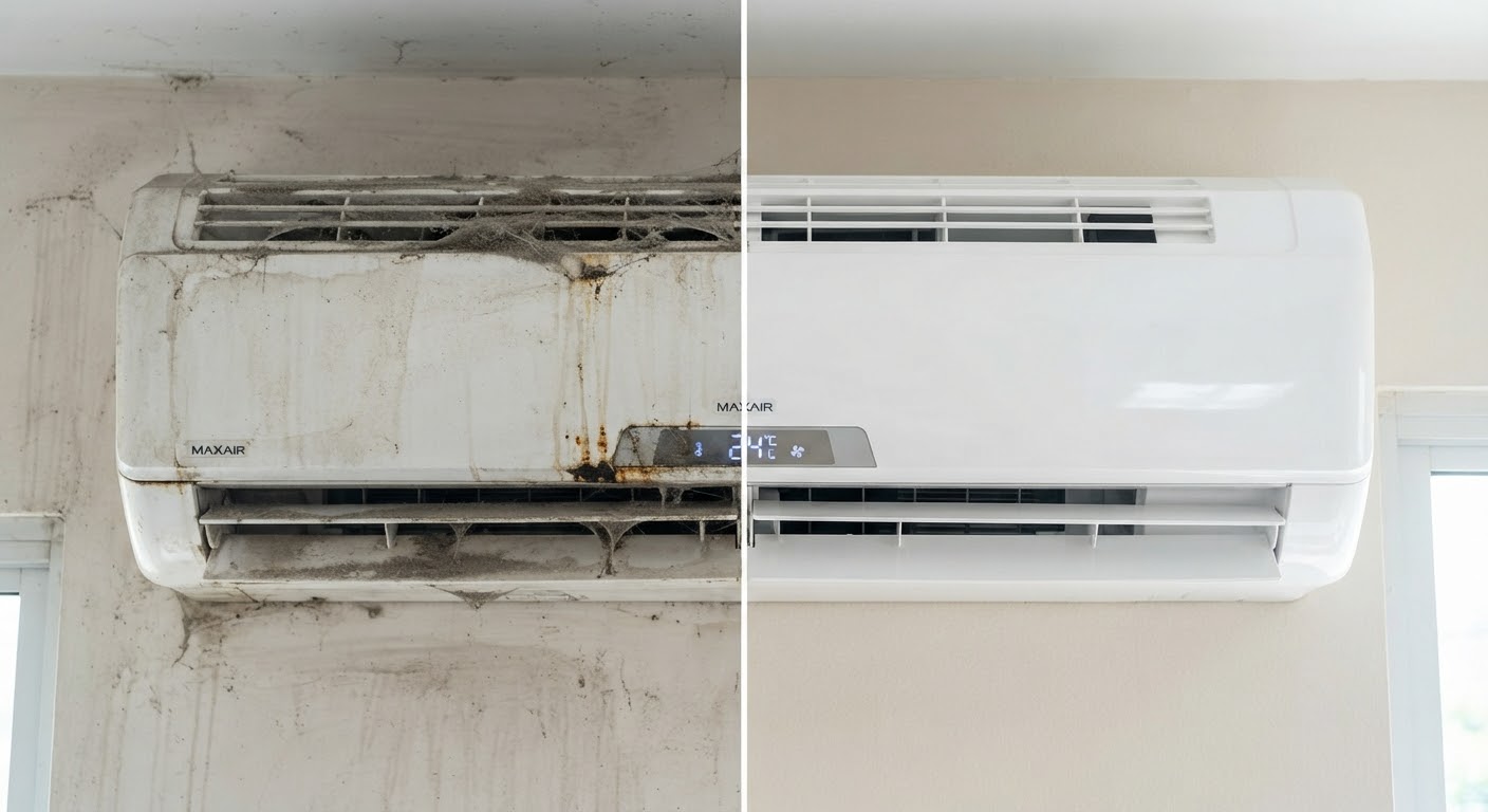 Klima iç ünite temizliği öncesi ve sonrası – Clean Up Kıbrıs